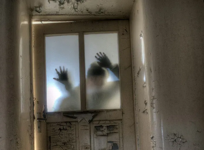 A silhouette against the glass of the door